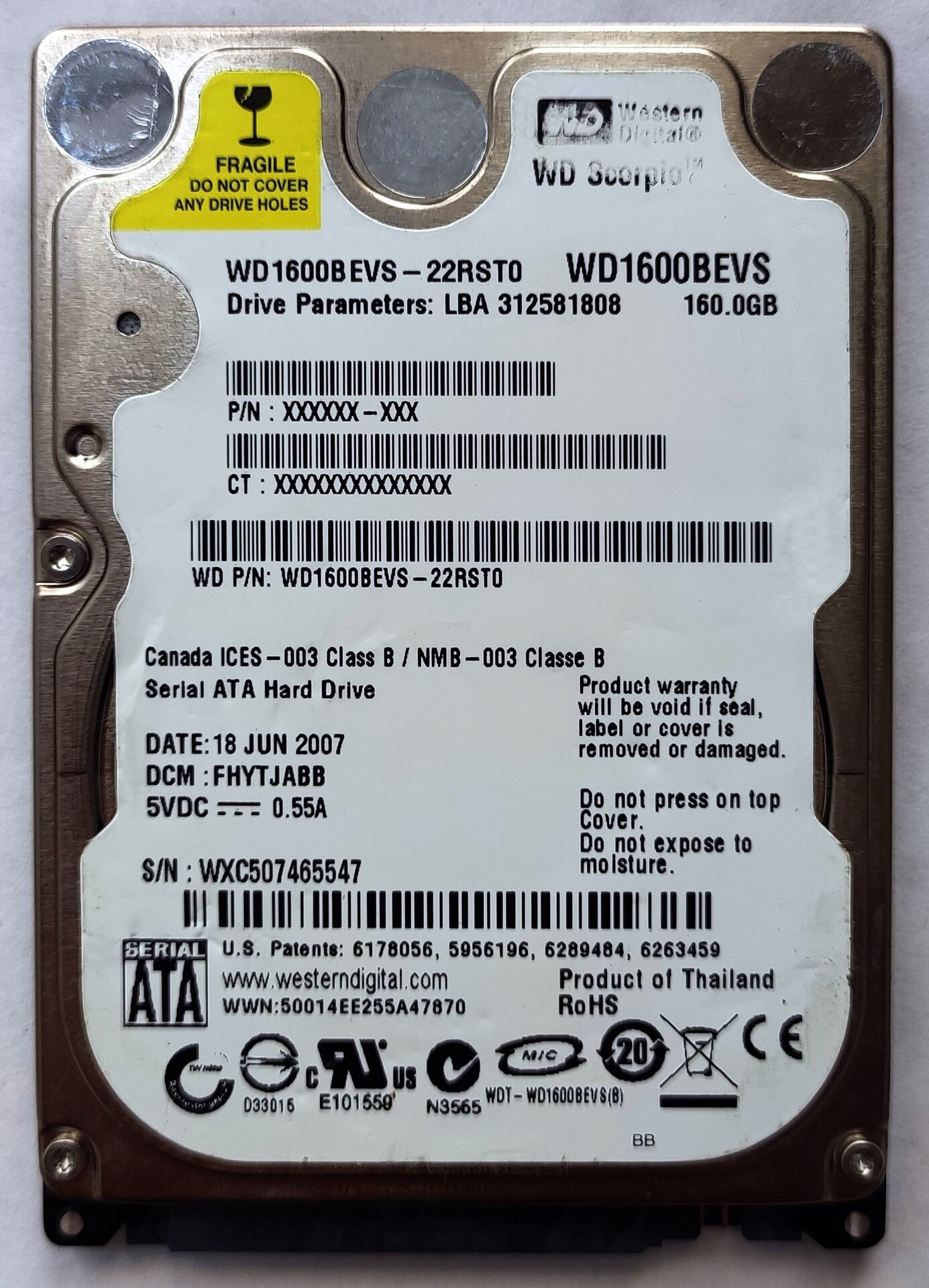 Disco Duro WDC WD1600BEVS-22UST0 (Western Digital Scorpio) 160Gb Usado Para Notebook